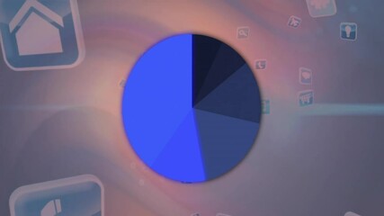 Poster - Rotating pie chart animation over various digital icons on gradient background