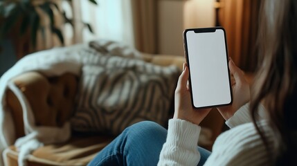 Poster - Mock up white screen blank mobile phone in woman hands holding sitting on armchair at home Back view : Generative AI