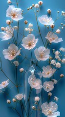 Sticker - 3d realistic Light blue background with white flowers