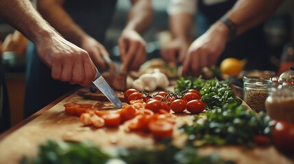 group of cooks friends or colleagues cut ingredients cook together and prepare dinner at a wooden table in a kitchen or restaurant : Generative AI