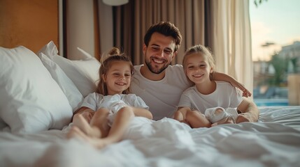 Happy young family with two children sitting on bed and unpacking at luxury hotel summer holiday : Generative AI