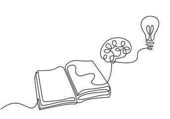 Wall Mural - continuous line art of books, lamp, and brain symbolizing education and study concepts