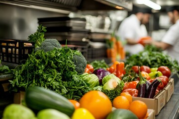 Wall Mural - Fresh produce being delivered and arranged in a restaurant’s kitchen. Focus on vibrant vegetables and fruits, Generative AI