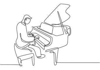 Wall Mural - Minimalist Continuous Line Art of a Man Playing Piano. One line art style.