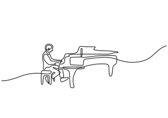 Wall Mural - Minimalist single line illustration of a man playing piano in hand-drawn vector style