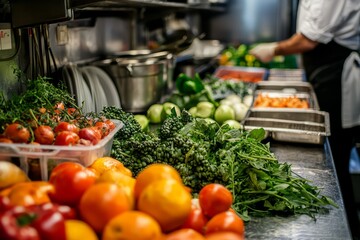 Wall Mural - Fresh produce being delivered and arranged in a restaurant’s kitchen. Focus on vibrant vegetables and fruits, Generative AI