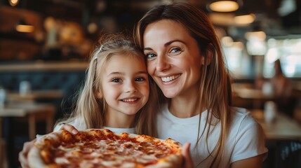 Happy mother and daughter eat pizza in a cafe and having fun : Generative AI