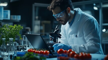 Male Scientist Working on a Laptop Computer and Analyzing a LabGrown Tomato Through a Microscope Microbiologist Working on Molecule Samples in Modern Laboratory with Technological Equi : Generative AI