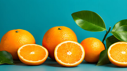 Fresh orange fruits with leaves, flat lay view