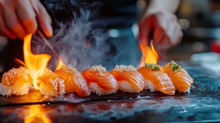 Hand sushi and fire with chef in kitchen of restaurant for luxury or traditional cuisine closeup Food blow torch and cooking with person flame grilling fish or salmon for Japanese seaf : Generative AI