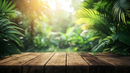 Aufkleber - Wood tabletop podium floor in outdoors tropical garden forest blurred green leaf plant nature backgroundNatural product placement pedestal stand displayjungle paradise concept : Generative AI