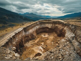 A large sinkhole in the ground, with a road leading to the edge. The sinkhole is surrounded by mountains and hills, with clouds in the sky.