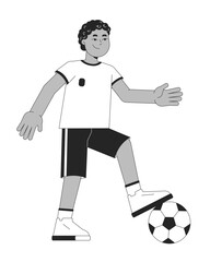 Wall Mural - African american boy playing football black and white 2D line character. Little athlete dribbling. Footballer kid kicking soccer ball isolated vector outline person. Monochromatic spot illustration