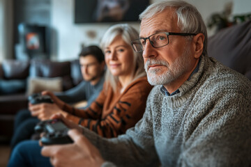 Wall Mural - A senior man playing video games at home with friends