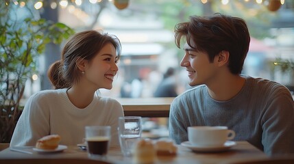 Happy couple relax and care with date for conversation bonding or romance at indoor restaurant Young man and woman with smile by window at coffee shop for talking and chatting together : Generative AI