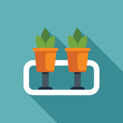 Poster - Illustration of two orange flower pots standing on white metal shelf with long shadow, in flat design style