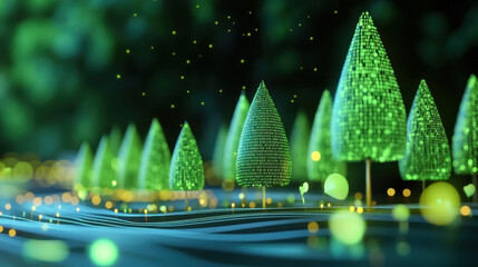 Digital representation of vibrant green trees illuminated by glowing lights against a blurred green background