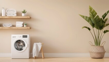 A white washing machine sits in front of a wall with a shelf above it by AI generated image