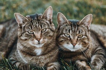 Sticker - Two tabby cats lying in the grass. AI.