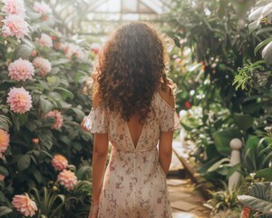 Poster - A woman walks through a garden, surrounded by flowers and greenery. AI.