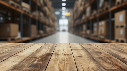 Aufkleber - The empty wooden table top with blur background of warehouse storage Exuberant image : Generative AI