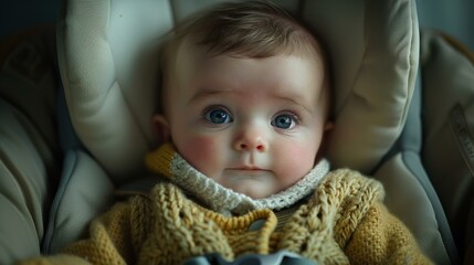 Wall Mural - A baby looking at the camera with big blue eyes. AI.