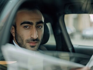 Poster - Man looking intently through a car window. AI.