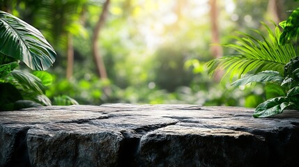 Aufkleber - Stone tabletop podium floor in outdoors tropical garden forest blurred green leaf plant nature backgroundNatural product placement pedestal stand displayjungle paradise concept : Generative AI