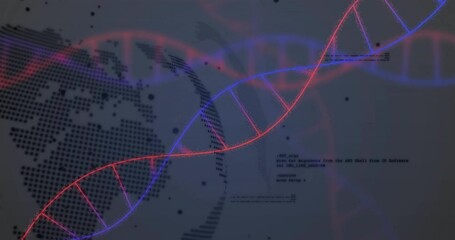 Poster - DNA strand and binary coding animation over world map and data processing