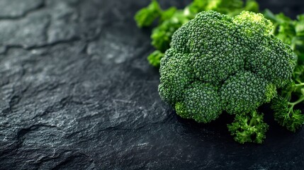 Macro photo green fresh vegetable broccoli Fresh green broccoli on a black stone tableBroccoli vegetable is full of vitaminVegetables for diet and healthy eatingOrganic food : Generative AI