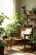 © Emily88 - a home corner with a lot of potted plants, minimal style, and modern Japandi on a clean wall background, featuring a chair and table for a chill coffee experience in a relaxing