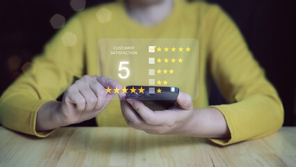 Wall Mural - Customer review satisfaction feedback survey concept, User give rating to service experience on online application, Customer can evaluate quality of service leading to reputation ranking of business.