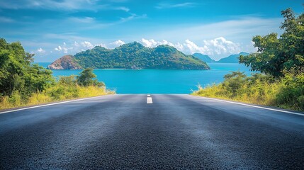 Asphalt road and blue sea with island nature landscape on a sunny day : Generative AI