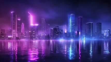 Wall Mural - Neon Cityscape Reflected in Water