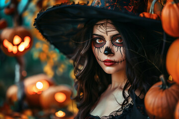 Portrait of young woman costumes and makeup in Halloween theme in the party