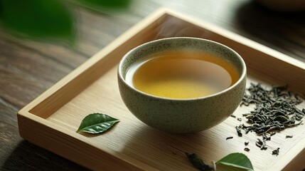 Wall Mural - Elegant cup of green tea on a wooden tray, with fresh tea leaves scattered around, exuding warmth and tranquility.