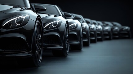 Poster - Black sedan luxury cars standing in a row Fleet of generic modern cars Transportation Luxury car fleet consisting of generic brandless design isolated on dark night background : Generative AI