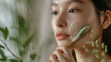 A beauty shot of an Asian model applying a jade roller to her face, traditional beauty tool emphasized, natural light, simple and elegant setting, hd quality,