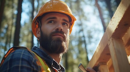 Carpenter constructing wooden frame house near the forest Bearded man hammering nails into structure while wearing protective helmet and construction vest Concept of modern ecological  : Generative AI