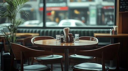 Poster - restaurant interior with round table and chairs : Generative AI