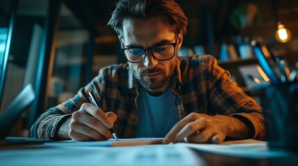 Aufkleber - Self employed broker investor in home office checking stock exchange profit calculating using pen and paper Freelancer in apartment looking at market shares growth writing on notepad c : Generative AI