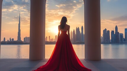 Wall Mural - A beautiful luxury woman in a red dress enjoys the sunset view behind the modern skyline of Dubai city UAE : Generative AI