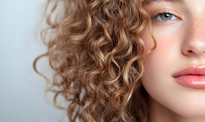 Wall Mural - profile photo showcasing dense curly hair against plain background, Generative AI