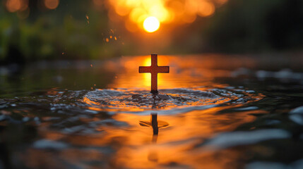 Wooden cross standing in water with sunset reflecting on surface