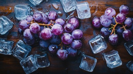 Poster - Purple grapes nestled among glistening ice cubes on a dark wooden background, with the cool tones of the ice enhancing the deep color of the grapes.