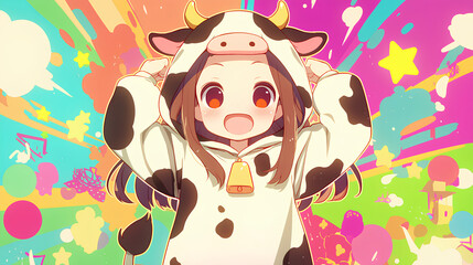 cute cow character wearing anime onesie costume, anime style, cute kawaii, simple, smiling happy. neon psychedelic background