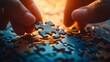 © Generative AI - Hand put the last piece of jigsaw puzzle to complete the mission Concept of connecting jigsaw pieces problem solving teamwork and success : Generative AI