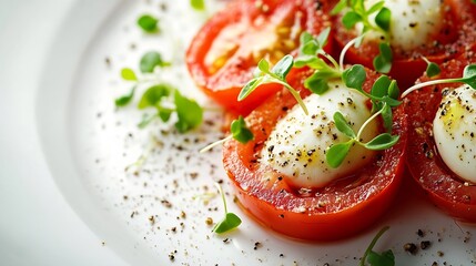 Wall Mural - Tomato Caprese salad with mozzarella and micro sprouts on white background : Generative AI