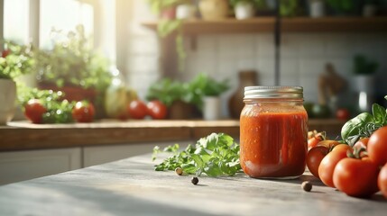 Close-up of homemade tomato chutney jar on kitchen counter with fresh tomatoes and herbs in sunlight