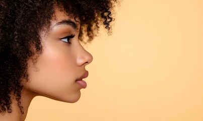 Wall Mural - profile photo showcasing dense curly hair against plain background, Generative AI